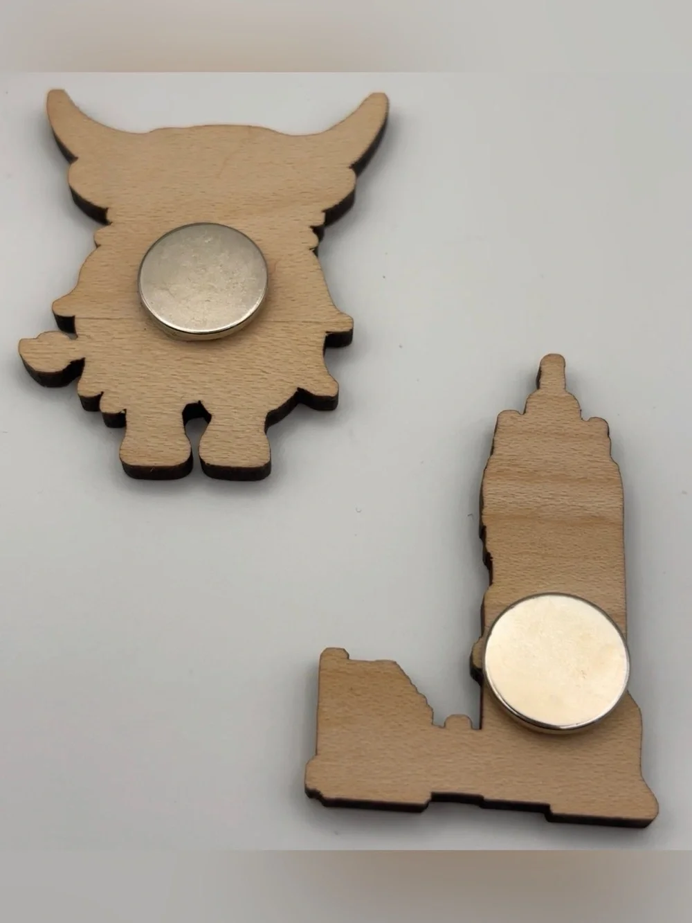 Set of 2 Laser-Cut Wooden Magnets - Scottish Highland Cow and a Castle